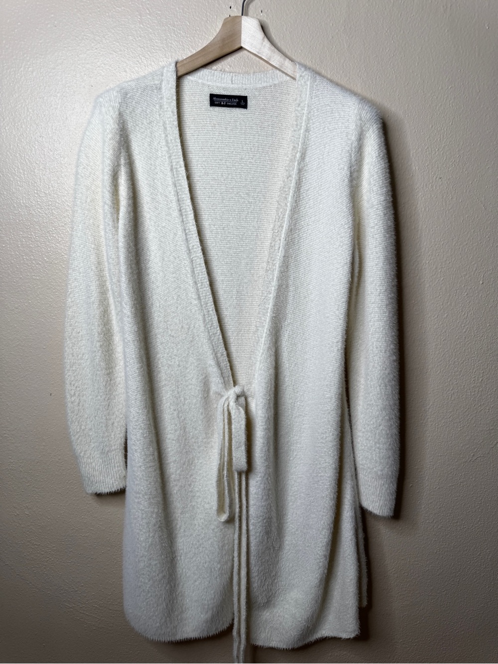 Abercrombie & Fitch Womens L Fuzzy Longline Cardigan White Tie Front Sweater